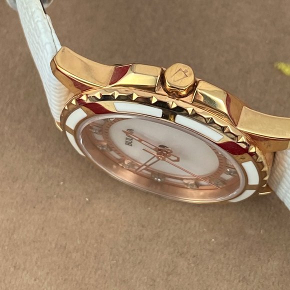 Bulova 2 Tone Rose Gold White Enamel Crystals White Leather Strap - Picture 5 of 7